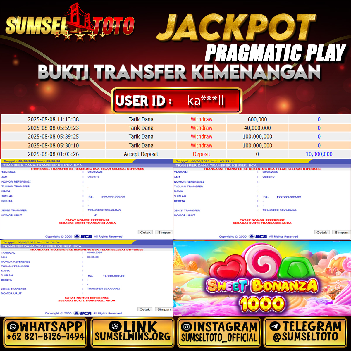 SUMSELTOTO JACKPOT SLOT SWEET BONANZA 1000 Rp.240,000,000.,- LUNAS